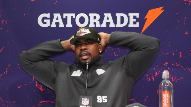 Feb 5, 2024; Las Vegas, NV, USA; Kansas City Chiefs defensive tackle Chris Jones (95) during Super Bowl LVIII Opening Night at Allegiant Stadium. Mandatory Credit: Kirby Lee-USA TODAY Sports  